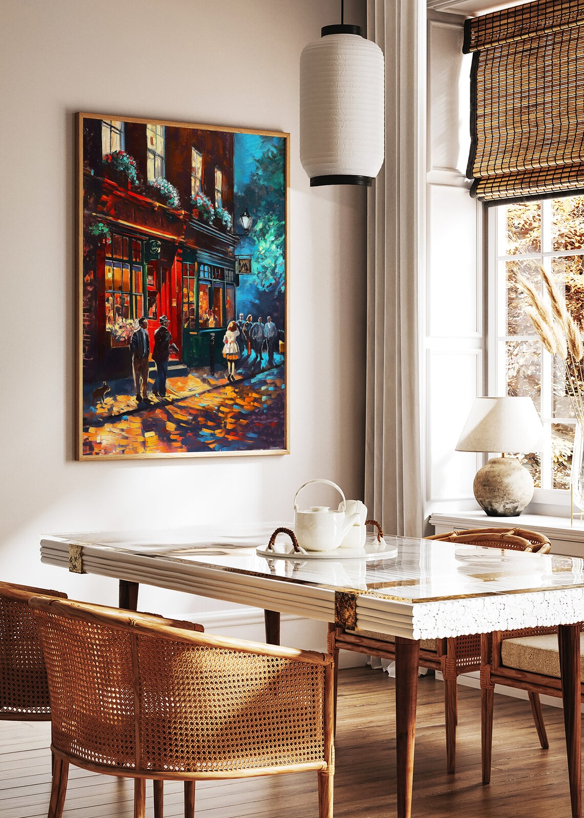 Night Pub Street Scene Warm Windows Wet Cobblestone Painting Poster - Image 2