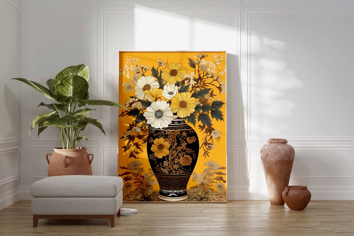 Black Gold Chinoiserie Vase Yellow White Floral Still Life Wall Art - Image 2