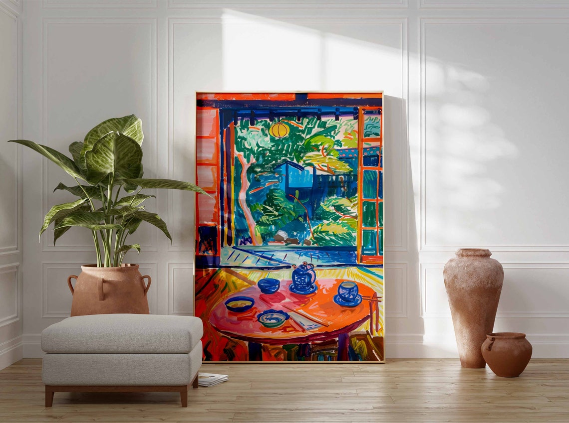 Japanese Tea Set Orange Table Garden View Fauvist Art Print Wall Decor - Image 3