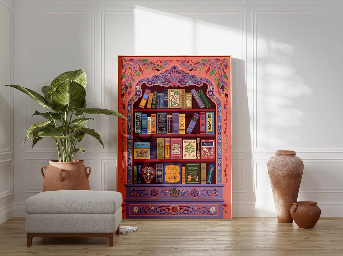 Coral Indian Ornate Bookshelf Traditional Decor Book Wall Poster - Image 3