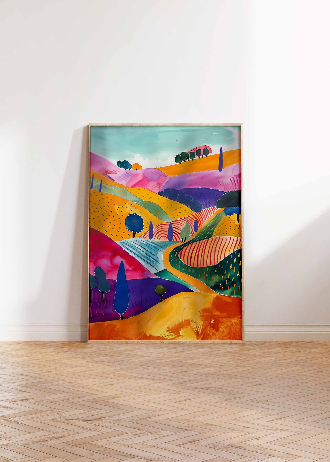 Colorful Hills Winding Road Cypress Trees Landscape Art Print - Image 2