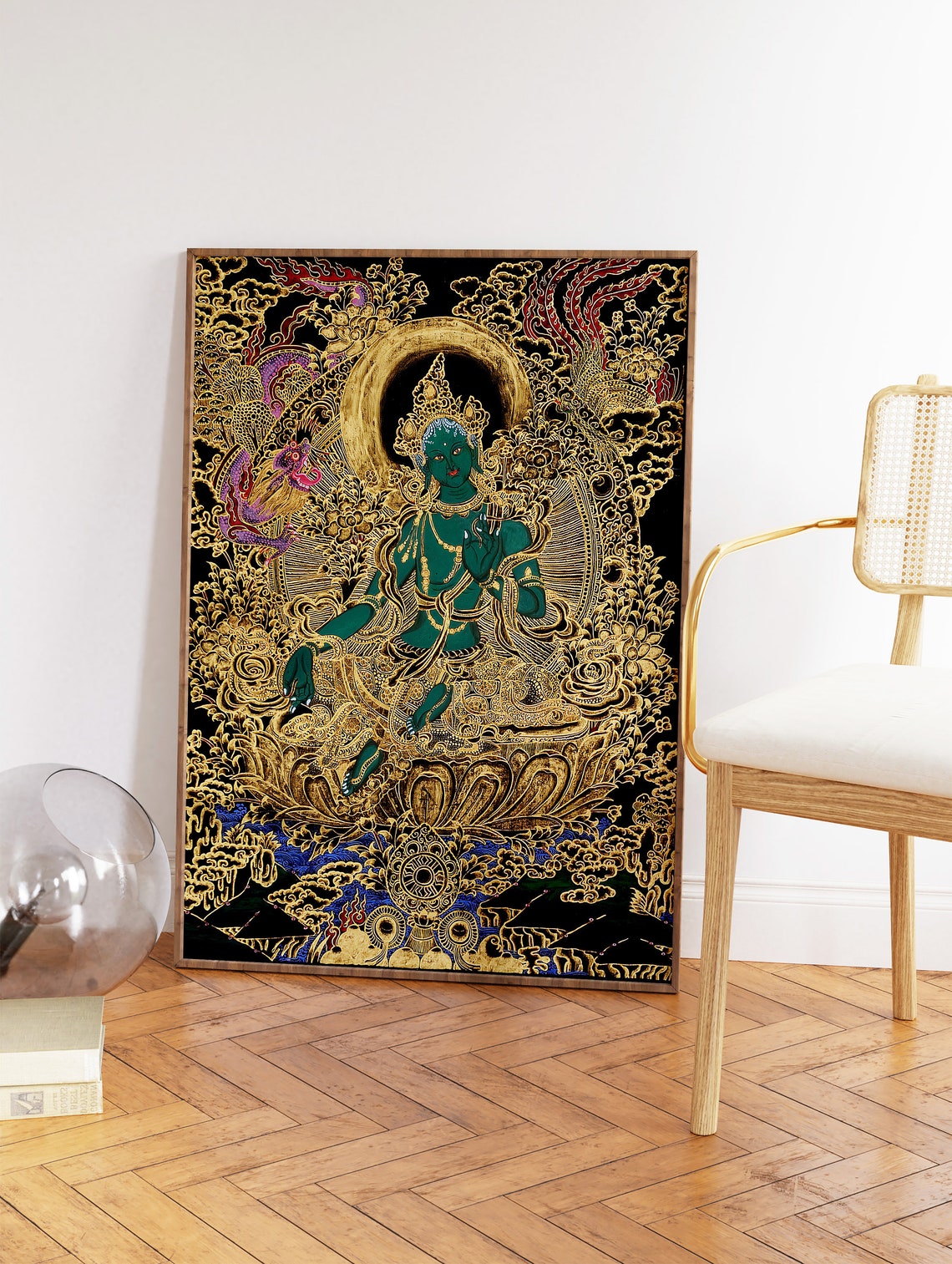 Green Tara Tibetan Buddhist Gold Leaf Black Thangka Art Poster - Image 3