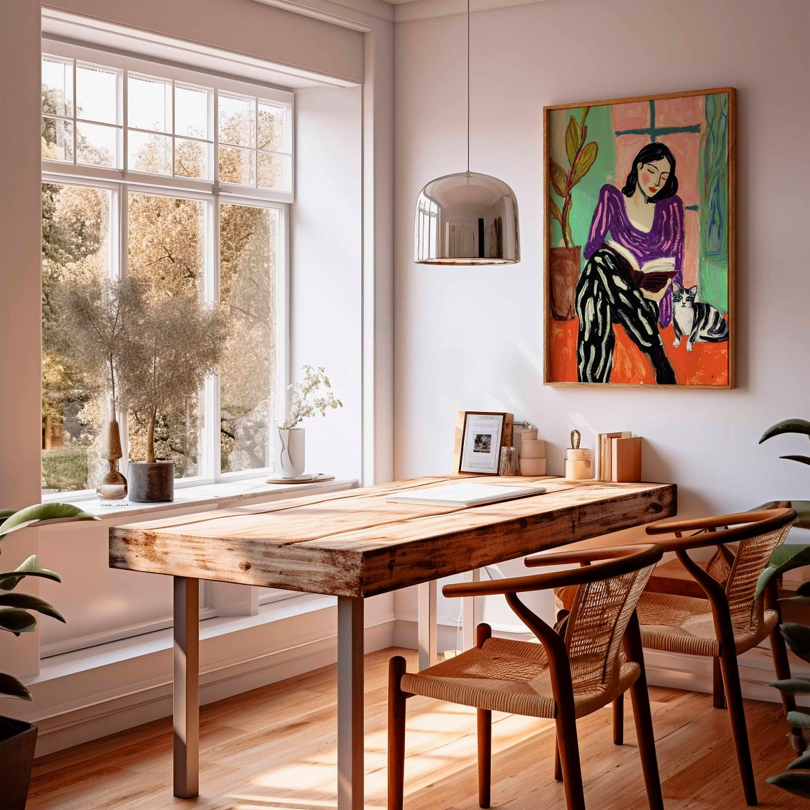 Woman Reading Book With Tabby Cat Cozy Colorful Botanical Poster - Image 3