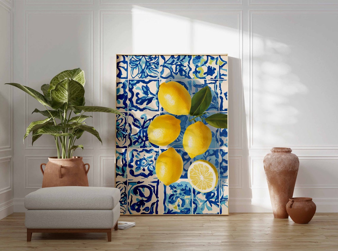 Retro Lemons Blue White Tile Tropical Citrus Kitchen Art Poster - Image 3