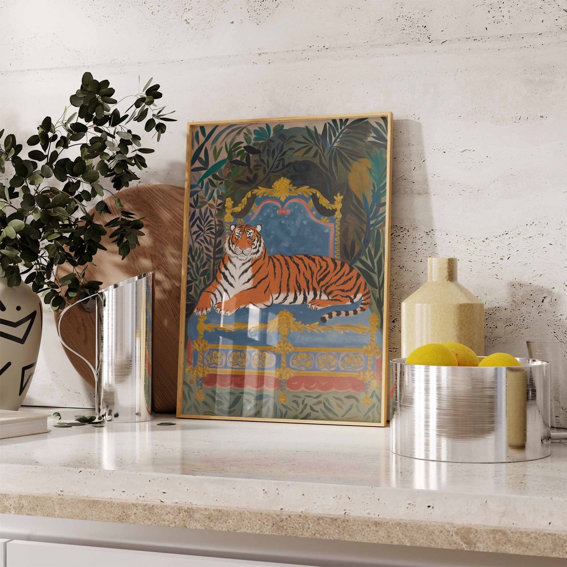 Majestic Tiger on Blue and Gold Throne Tropical Foliage Poster - Image 2
