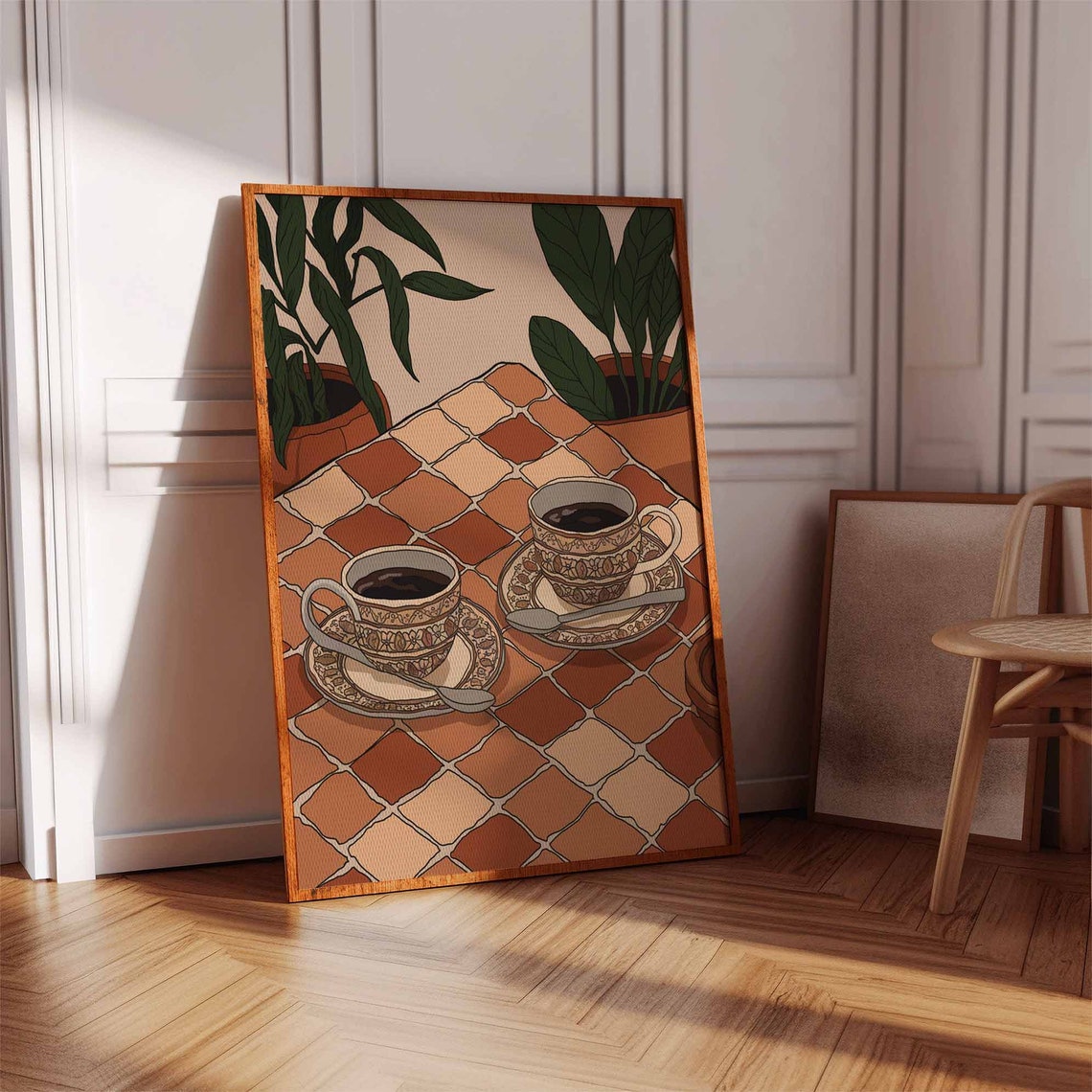 Ornate Coffee Cups on Terracotta Tile Table Plant Art Poster - Image 2