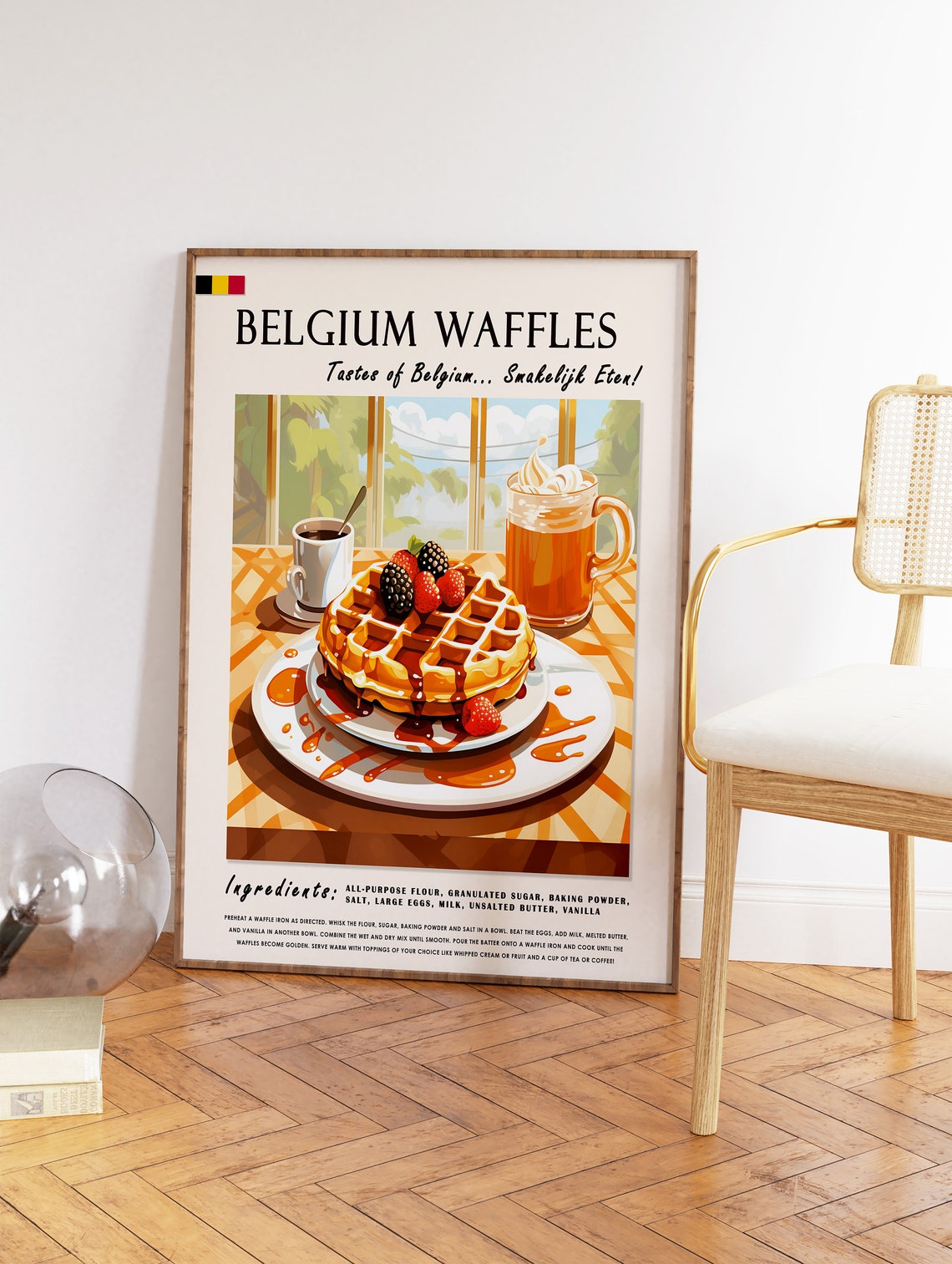Belgium Waffles Dessert Kitchen Food Poster With Recipe And Beer Mug - Image 2