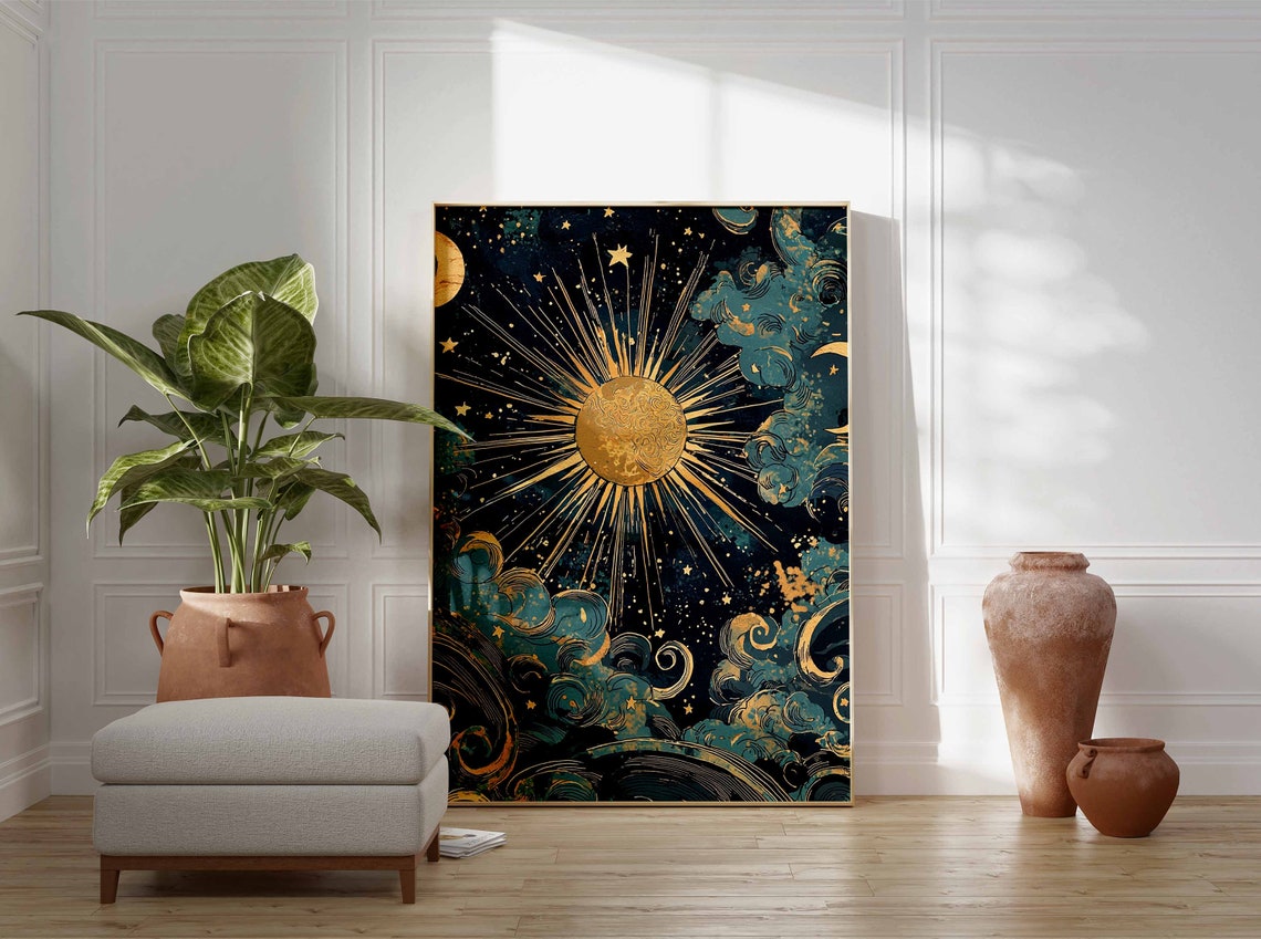 Golden Sunburst Over Stormy Midnight Teal Night Sky Art Poster - Image 3