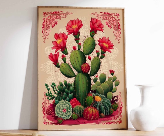 Red Blooming Prickly Pear Cactus Botanical Vintage Art Poster