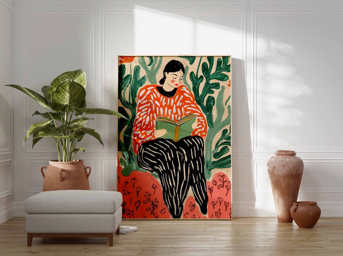 Cozy Woman Reading Book Tropical Botanical Modern Illustration Poster - Image 2