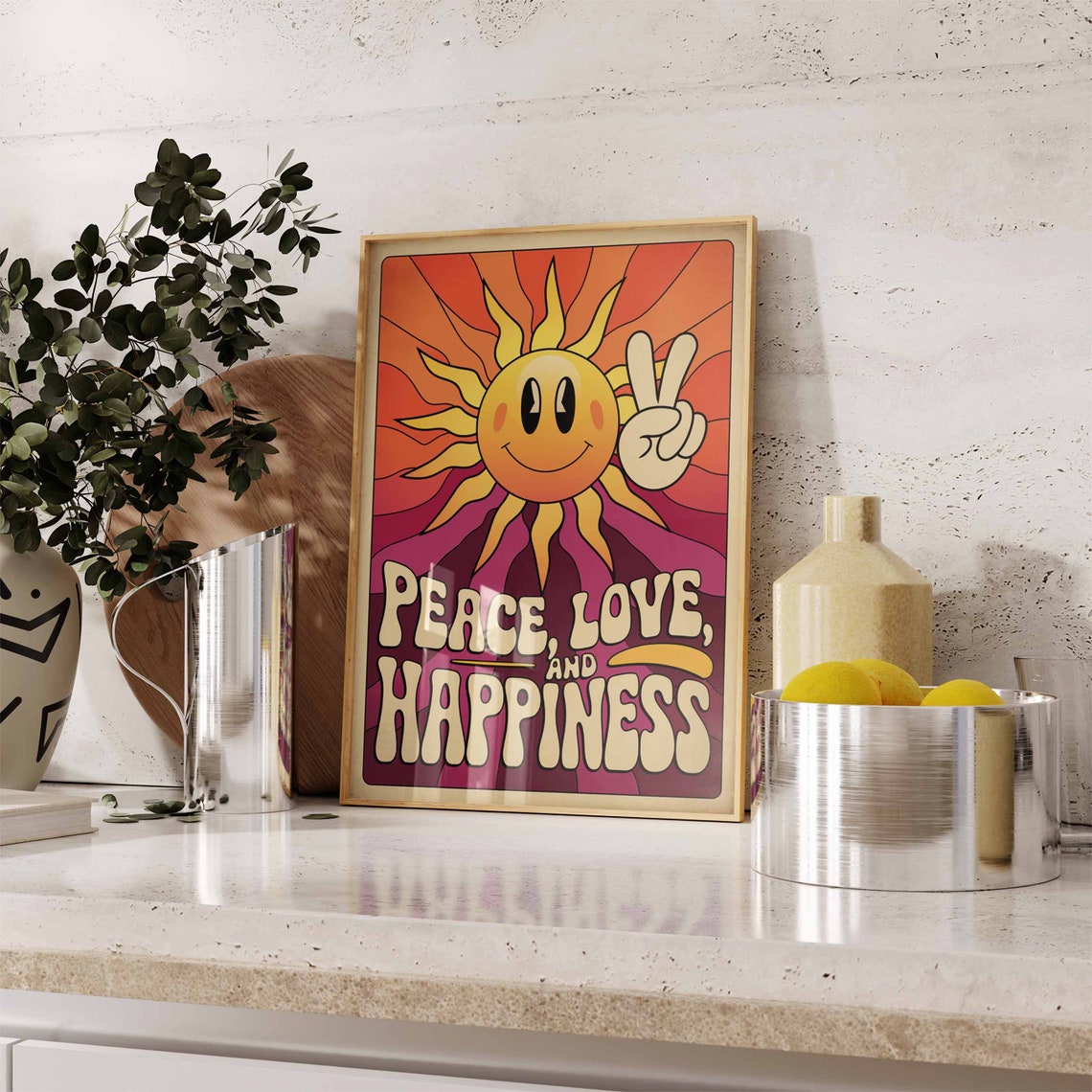 Peace Love and Happiness Retro 70s Smiling Sun Hippie Poster - Image 3