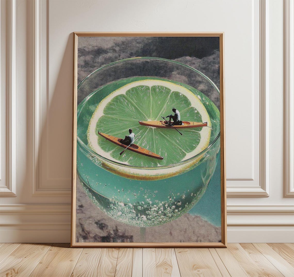 Surreal Cocktail Glass Kayakers on Lime Slice Retro Collage Poster