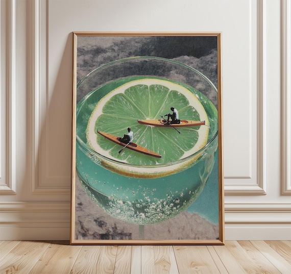 Surreal Cocktail Glass Kayakers on Lime Slice Retro Collage Poster