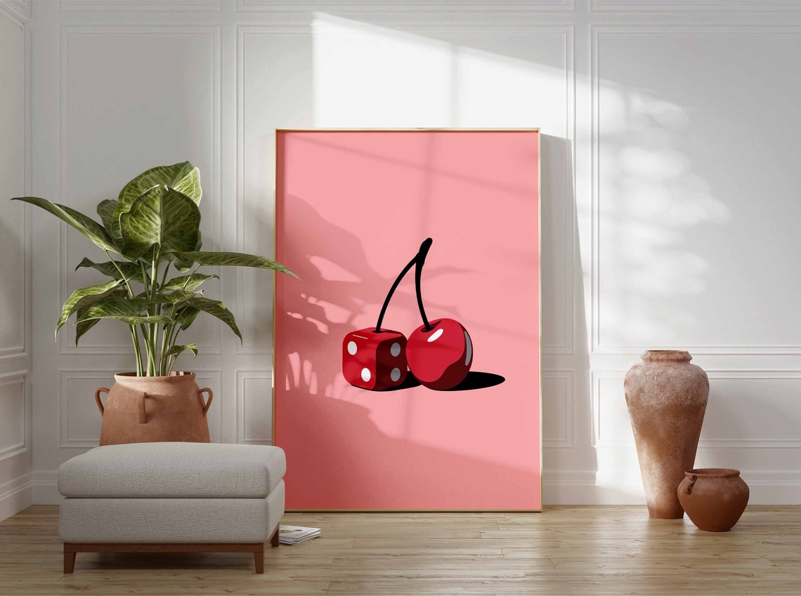 Cherry And Dice Fusion Retro Pop Casino Minimalist Art Poster - Image 3
