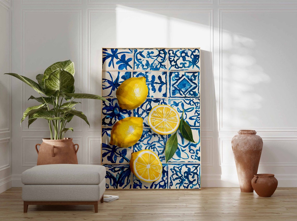 Fresh Vibrant Lemons and Halves with Leaves Blue Tile Art Poster - Image 3