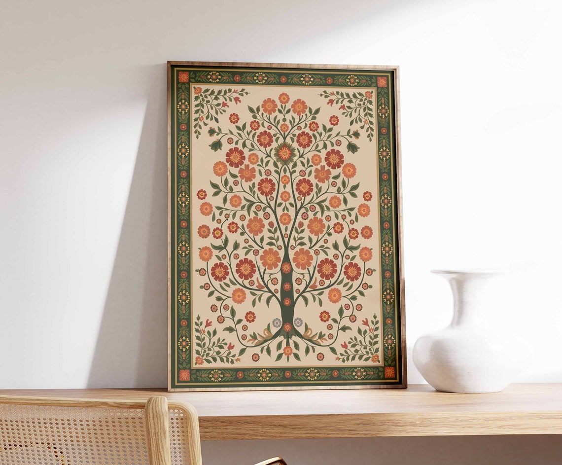 Orange Marigold Indian Tree of Life Dense Floral Poster Botanical Art - Image 3