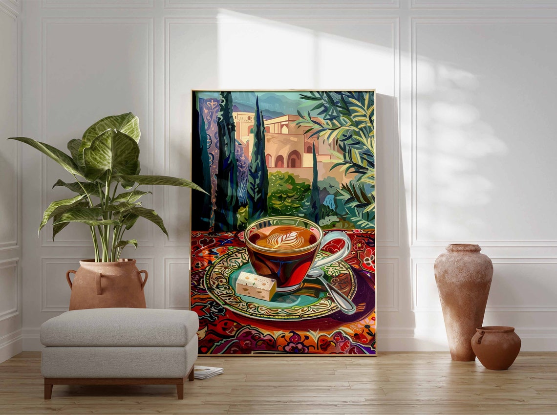 Arabic Tea Glass Art Poster Middle Eastern Cypress Courtyard Kitchen - Image 3