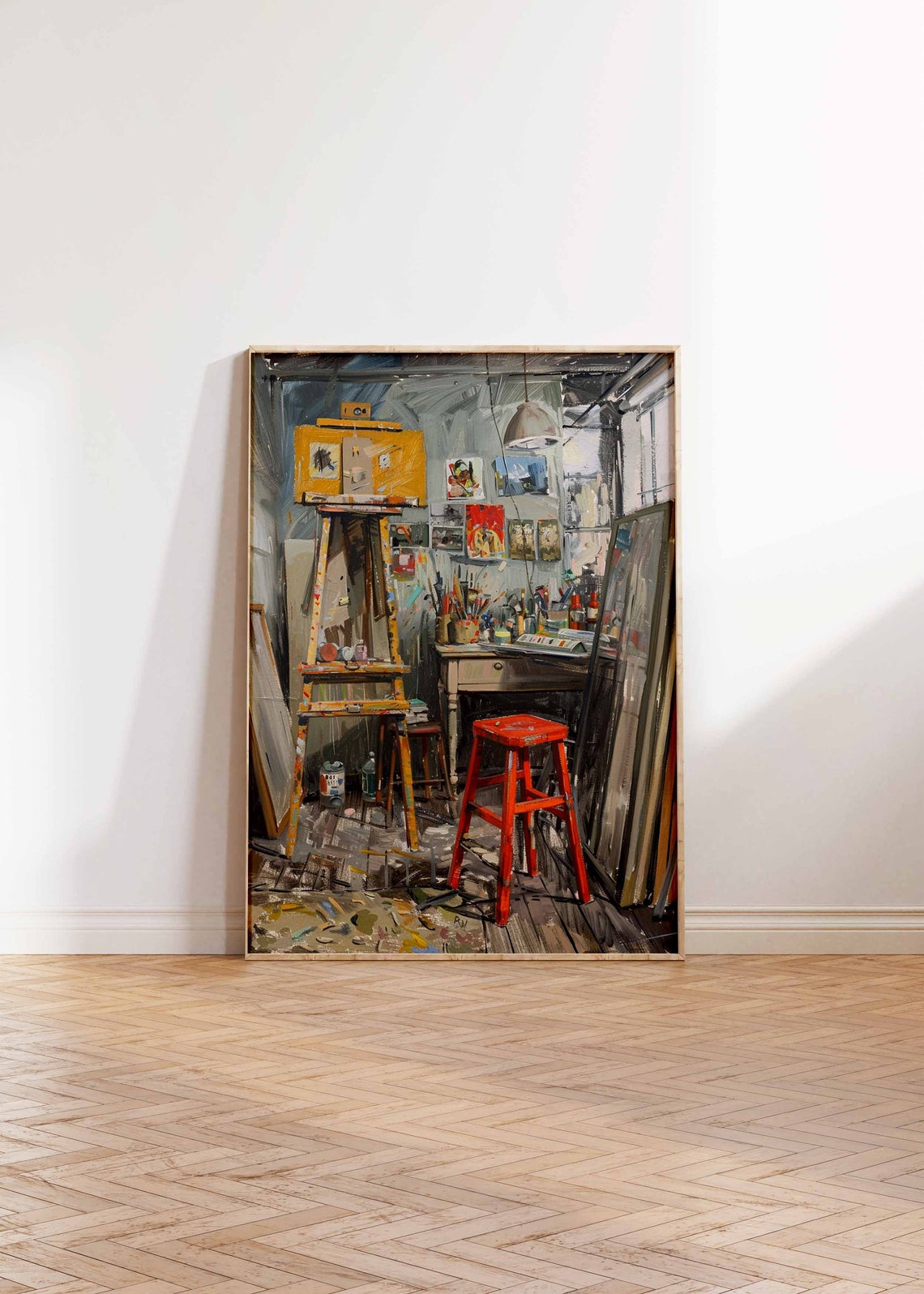 Painter Atelier with Tall Easel and Vintage Red Stool Studio Poster - Image 2