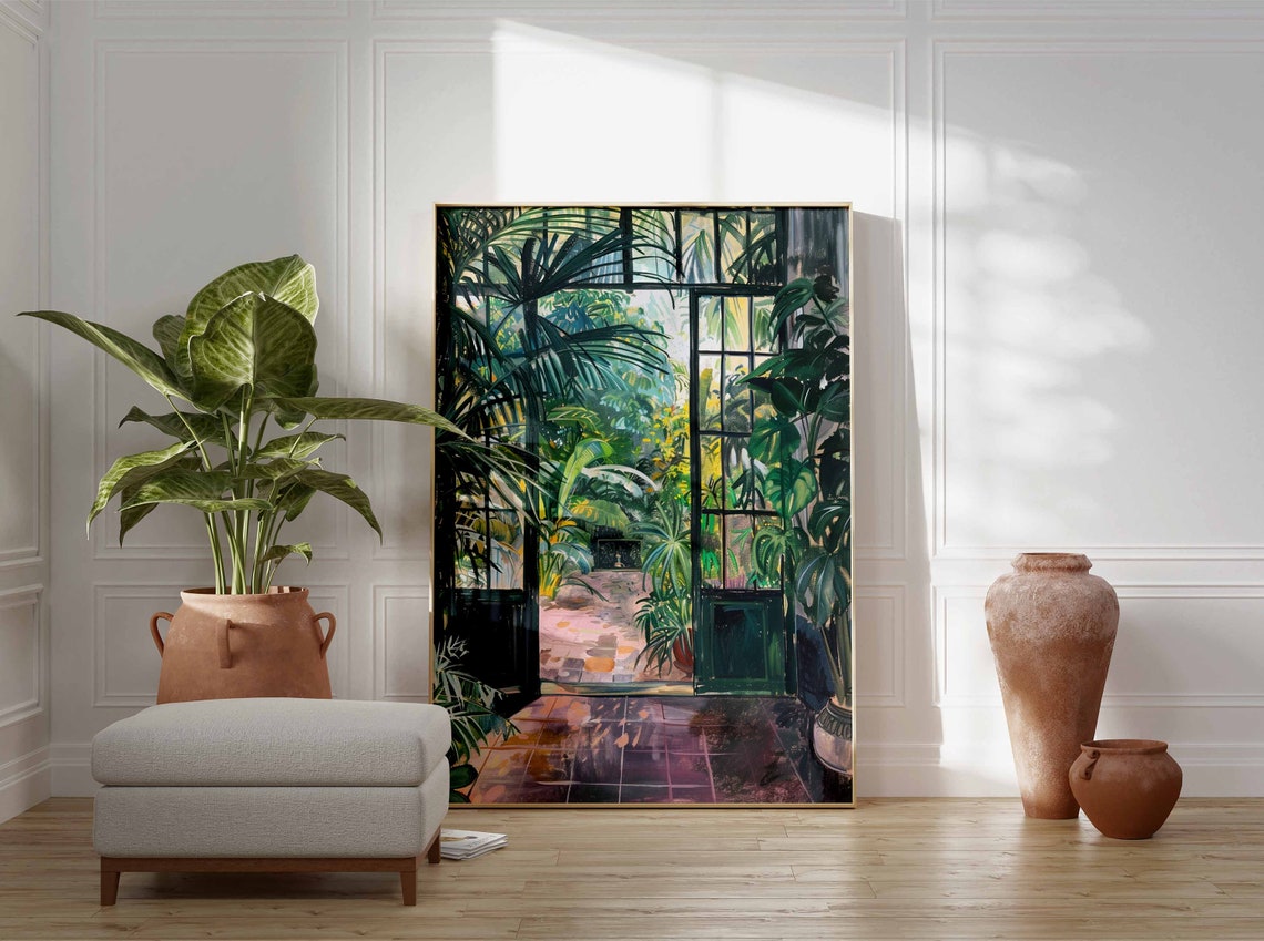 Sunlit Glasshouse Open Doors Lush Monstera Garden Painting Poster - Image 2