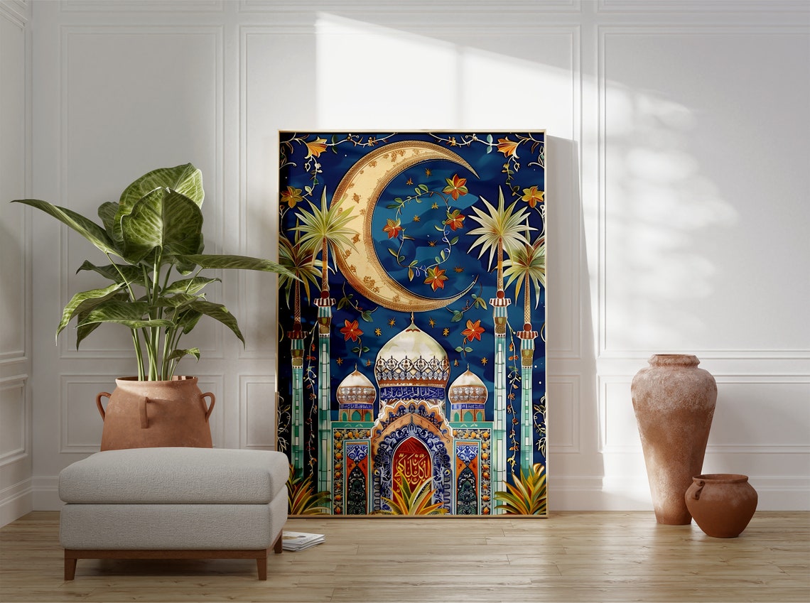 Blue Islamic Floral Mosque Crescent Moon Night Sky Art Poster - Image 3