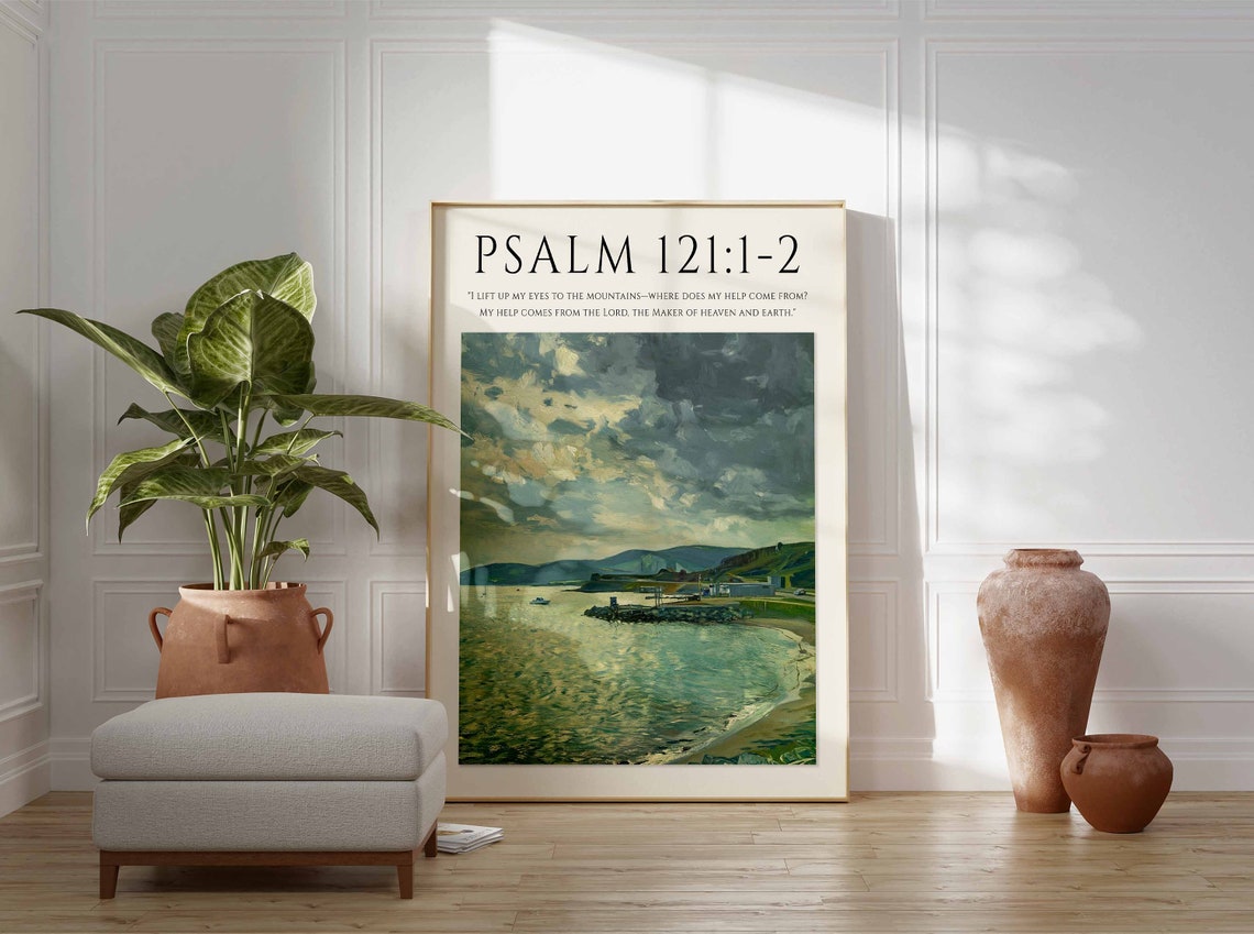 Psalm 121:1-2 Bible Verse Coastal Bay Mountain View Art Print - Image 2