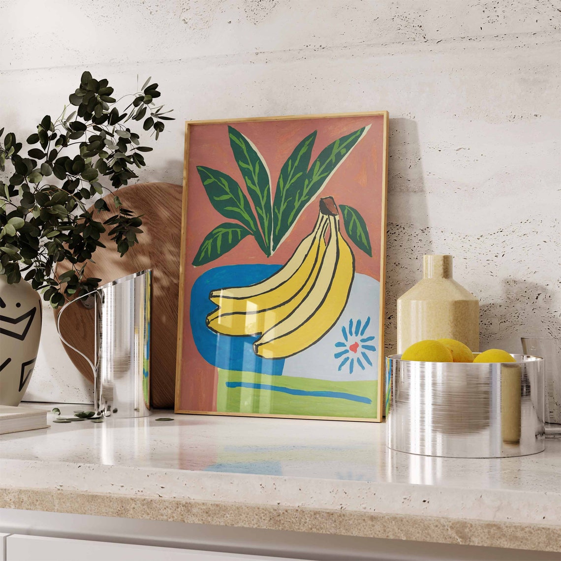 Bunch Of Bananas In Blue Bowl Colorful Modern Fruit Art Poster - Image 2