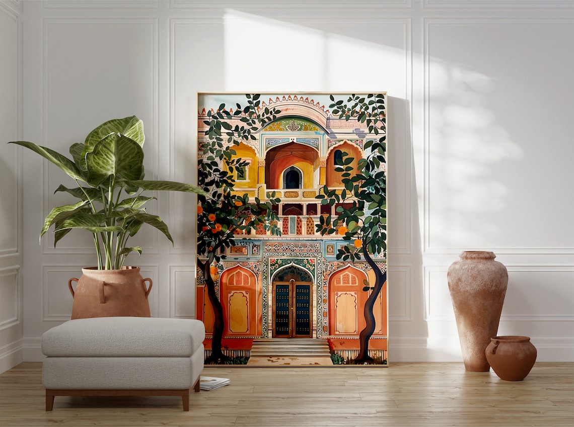 Indian Pichwai Palace Facade Orange Trees Traditional Art Poster - Image 3