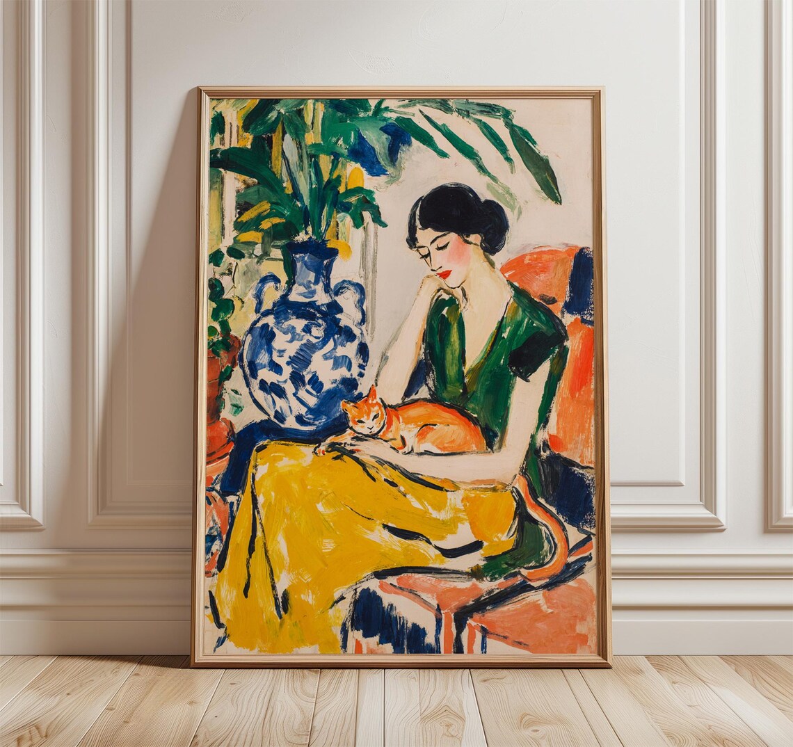 Woman And Cat Green Interior, Modern Impressionist Art Print