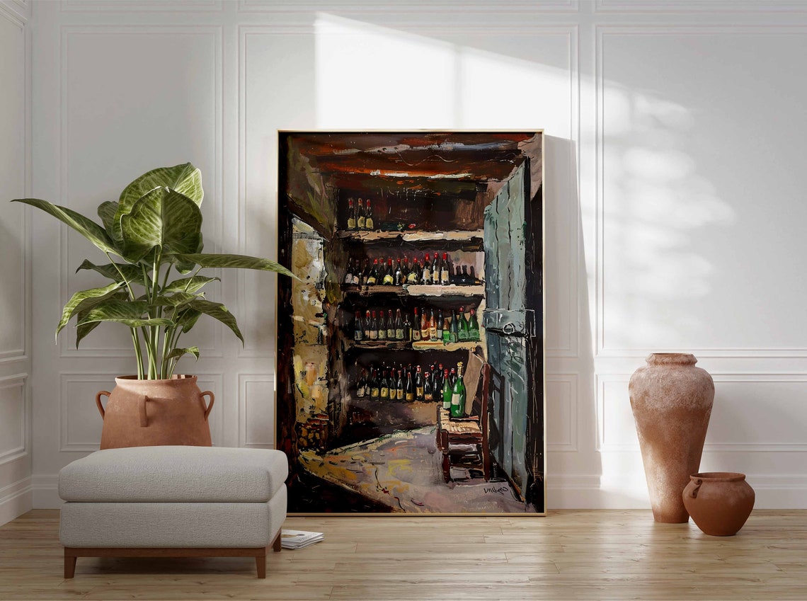 Old Wine Cellar Shelves Art Poster Bottle Rows Wooden Door Scene - Image 3