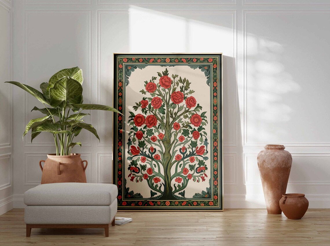 Red Rose Tree Vintage Indian Folk Botanical Floral Bloom Art Poster - Image 2