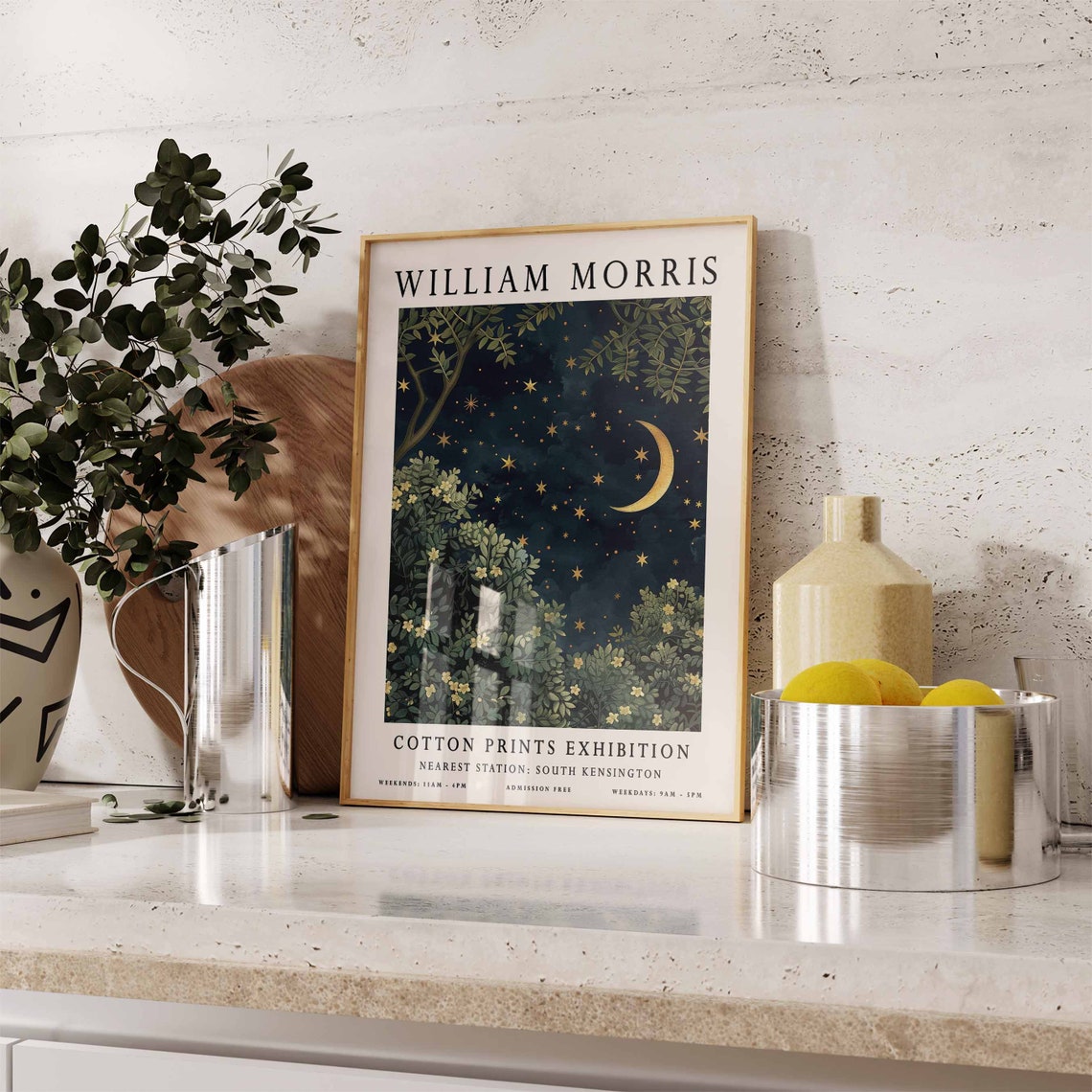 William Morris Crescent Moon over Blossom Bushes Night Poster - Image 2