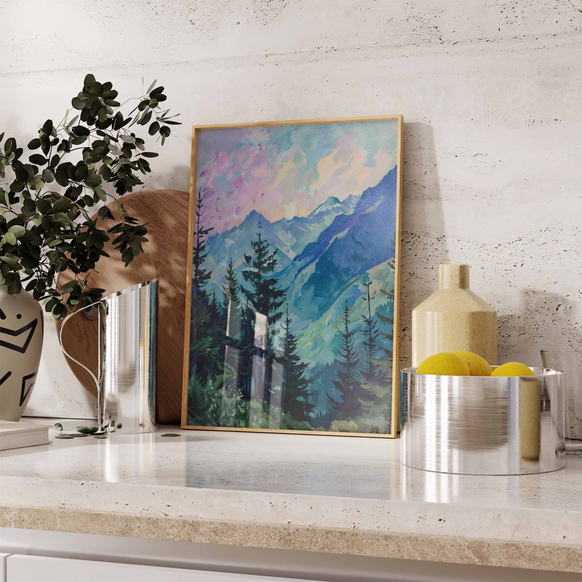 Pastel Purple Sky Alpine Mountains Pine Forest Serene Art Print - Image 2