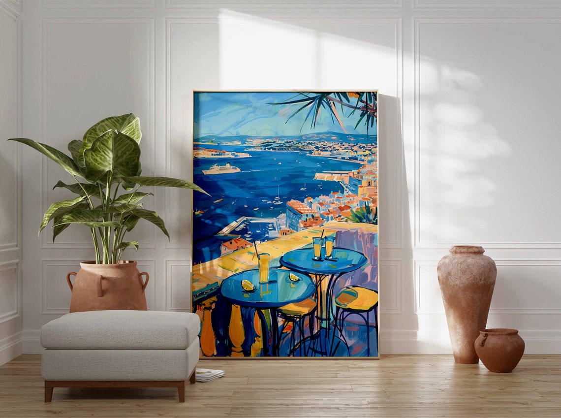 Rooftop Cocktail Bar Seaside Bay View Impressionist City Art Poster - Image 3