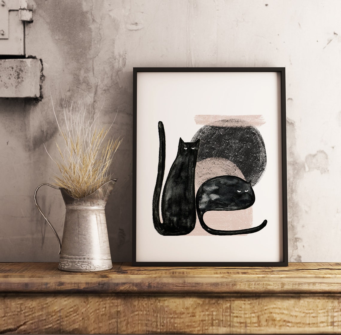Two Black Cats Minimalist Ink Illustration Blush Pink Poster - Image 3