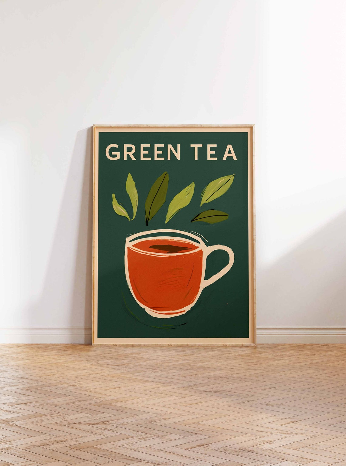 Steaming Green Tea Cup Leaf Dark Green Retro Kitchen Art Poster - Image 2