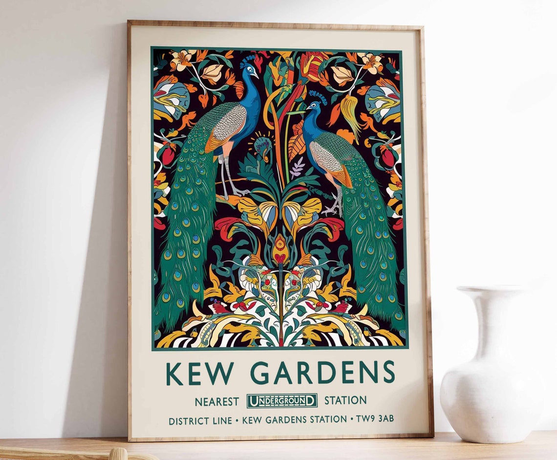 Kew Gardens Two Peacocks Colorful Floral Tapestry Travel Poster