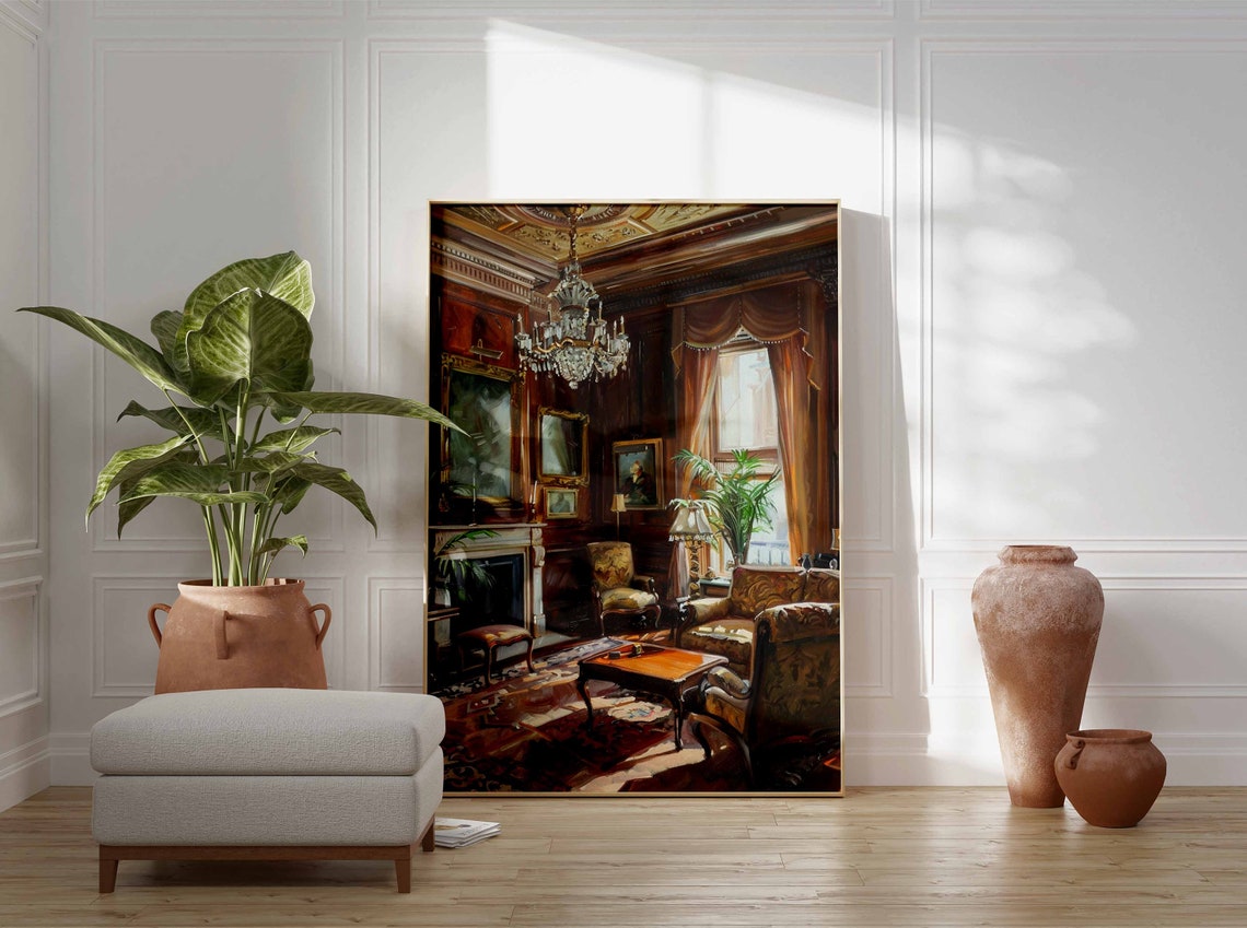 Wood Paneled Club Lounge Fireplace Chandelier Classic Poster - Image 3