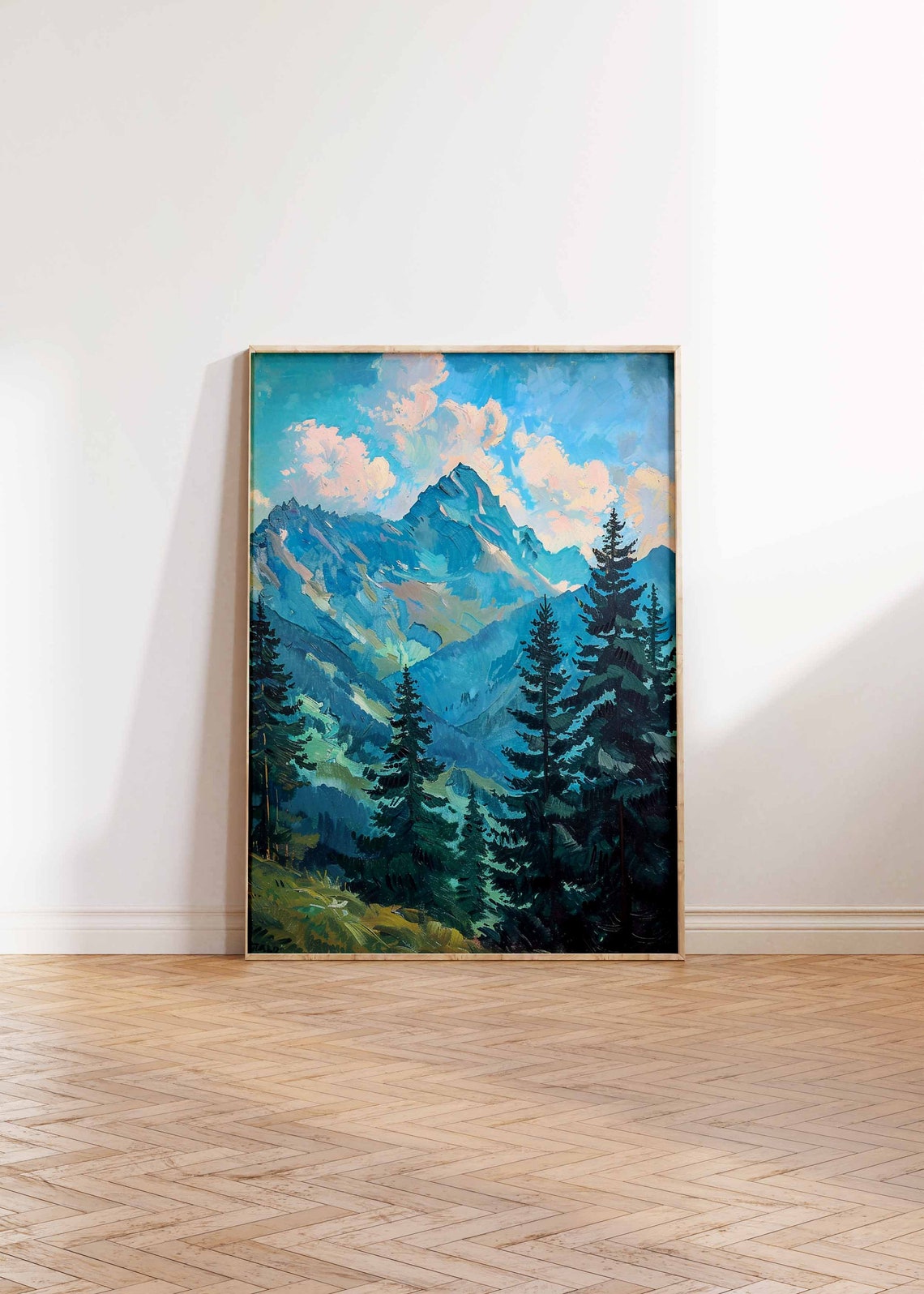 Dramatic Blue Mountain Peak Pink Sunset Clouds Pine Forest Print - Image 2