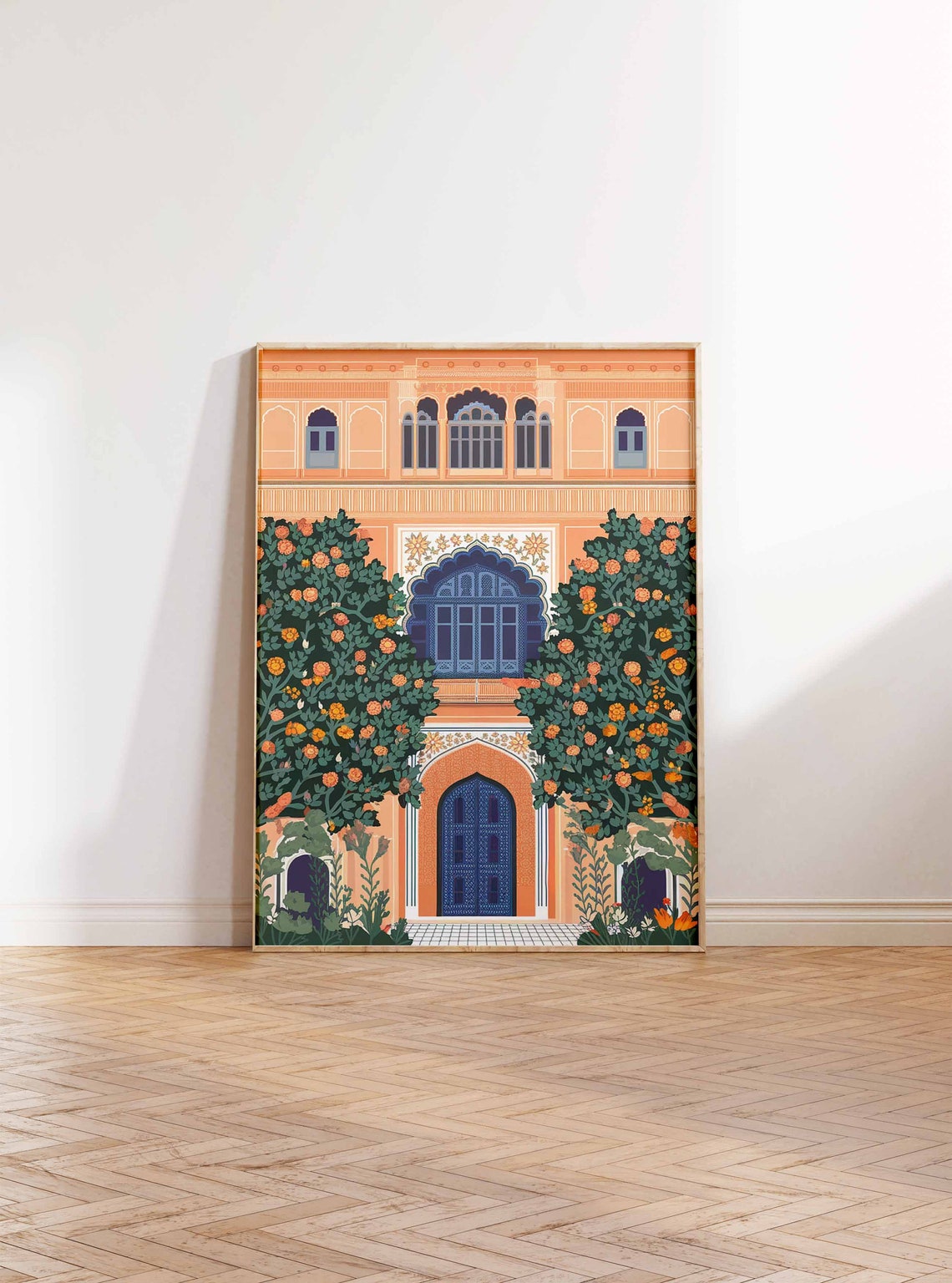 Peach Indian Palace Facade Blue Doors Orange Blossom Trees Poster - Image 2