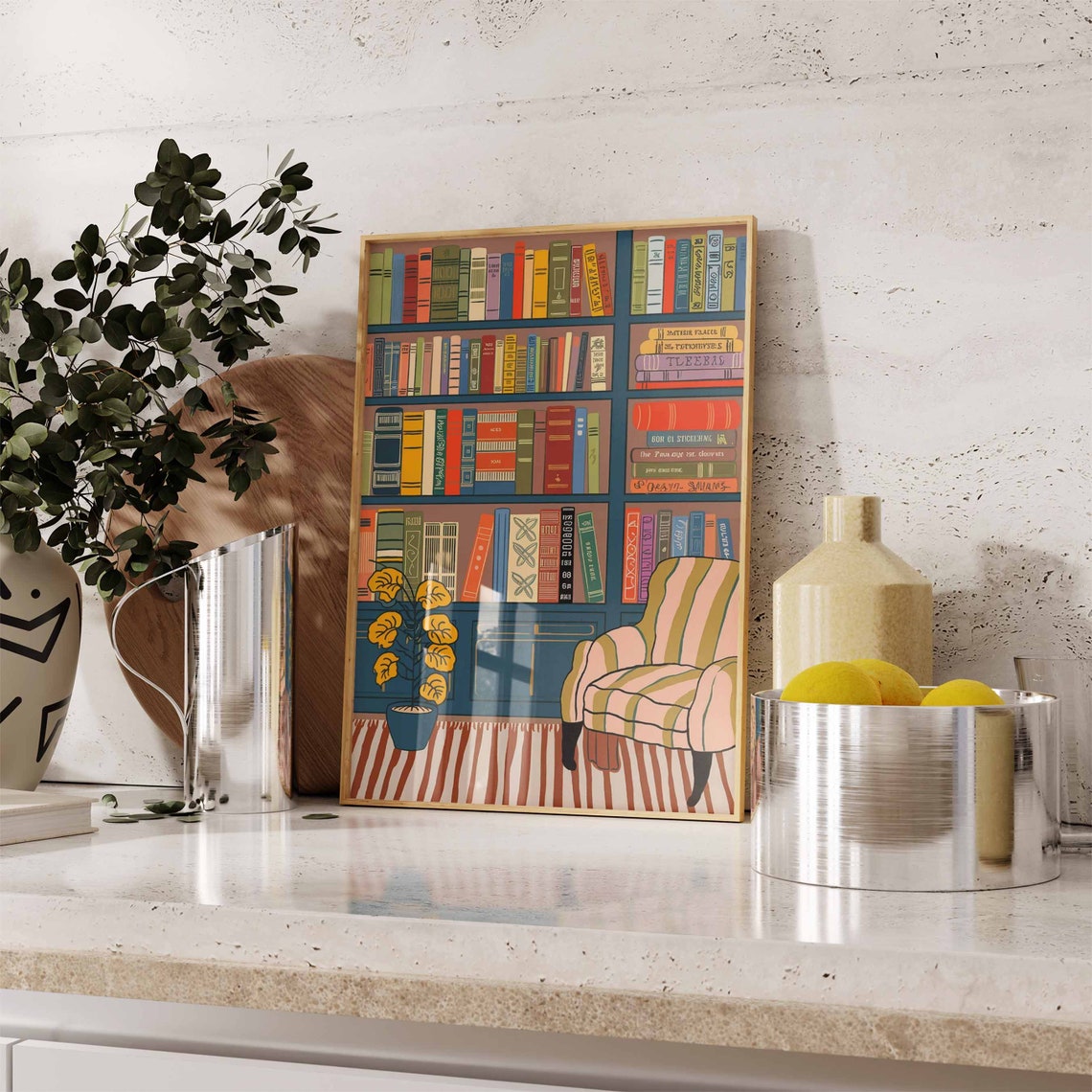Navy Bookshelf With Striped Armchair Plant Reading Wall Poster - Image 2