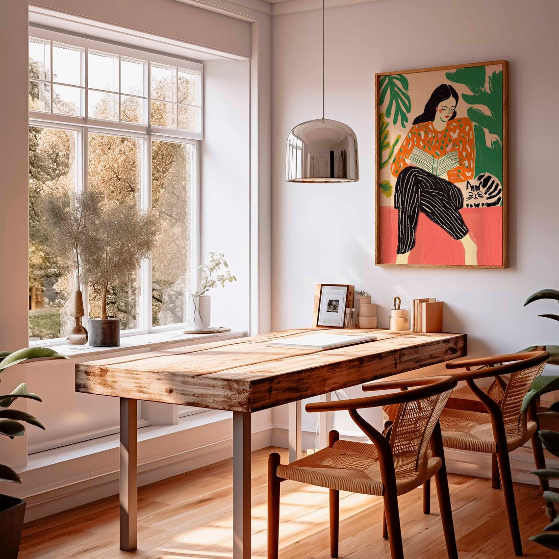 Woman Reading With Tabby Cat On Pink Couch Colorful Art Poster - Image 3
