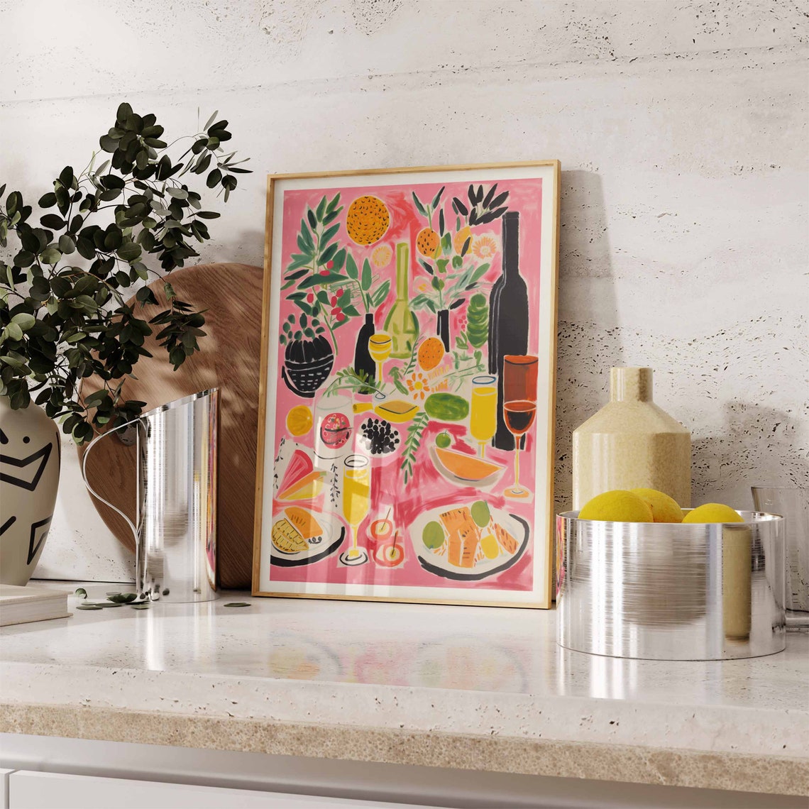 Pink Dinner Party Table Spread Painterly Wine Fruit Food Poster - Image 2