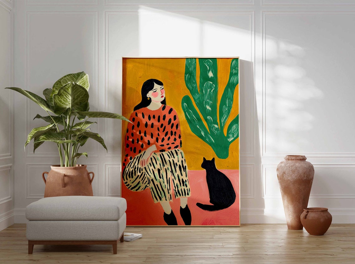Woman With Black Cat Coral Dotted Top Mustard Yellow Art Poster - Image 2
