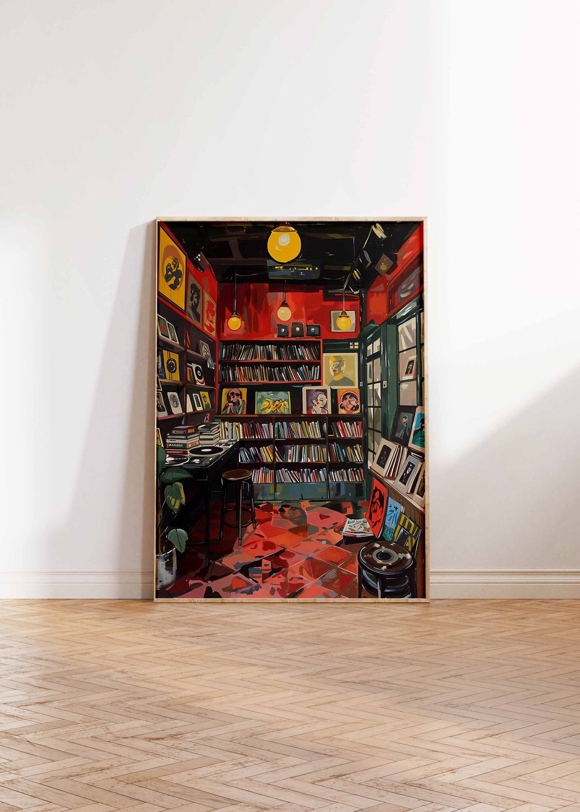 Deep Red Vinyl Record Shop With Wall Shelves and Turntable Poster - Image 2