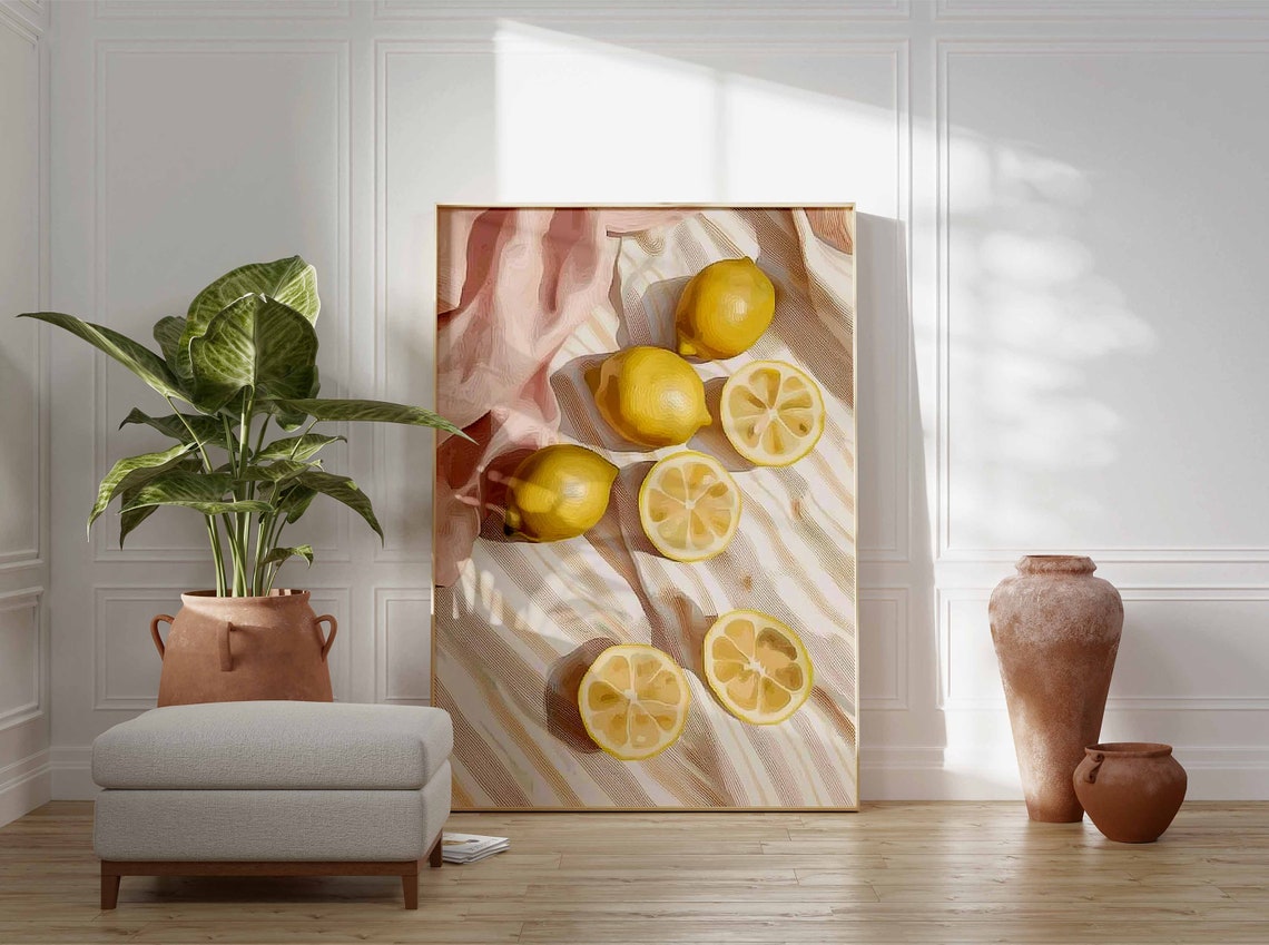 Modern Lemons Beige Striped Linen Soft Neutral Kitchen Art Poster - Image 3