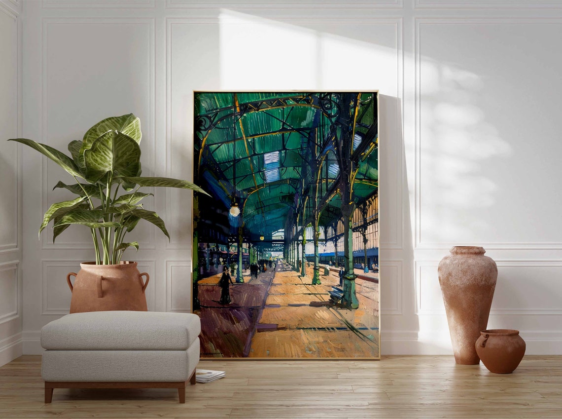 Historic Green Iron Railway Station Hall With Travelers Poster - Image 3
