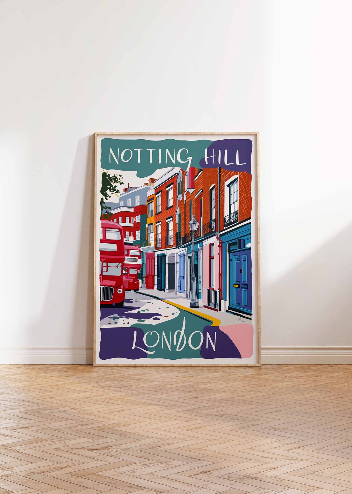 Notting Hill London Red Bus Colorful Houses Street Beautiful Wall Art - Image 2