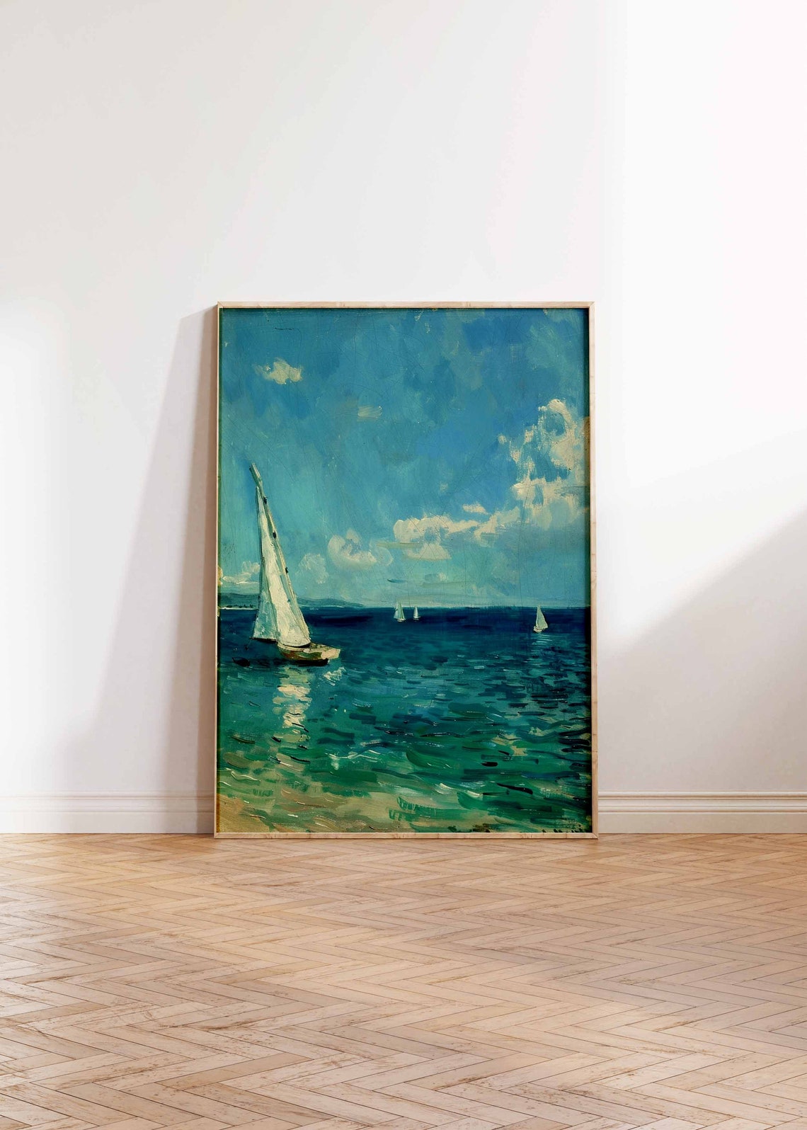 Single Sailboat on Teal Green Sea Impressionist Nautical Art Poster - Image 2
