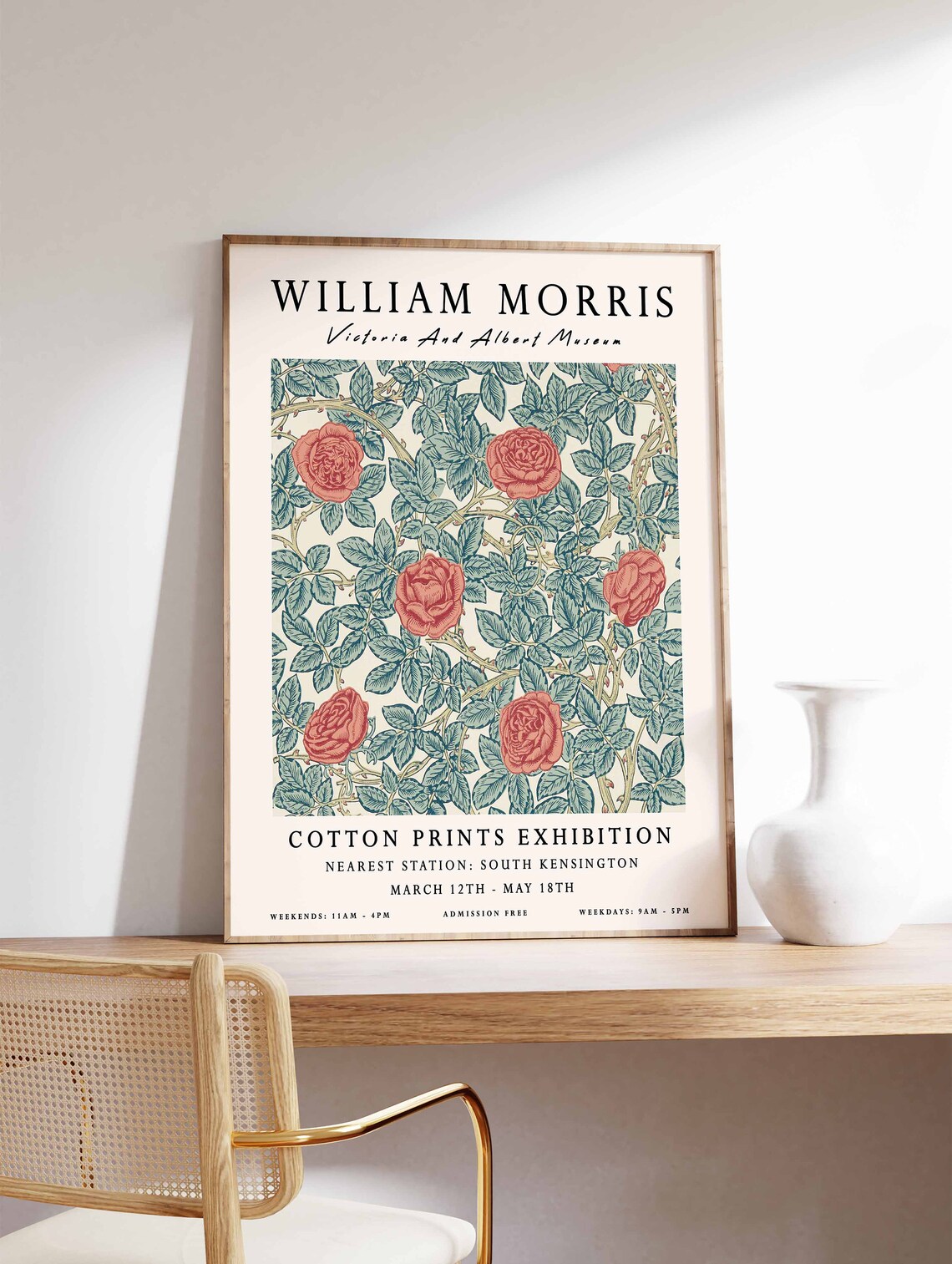 William Morris Red Roses Cotton Prints Exhibition Vintage Floral Poster - Image 2