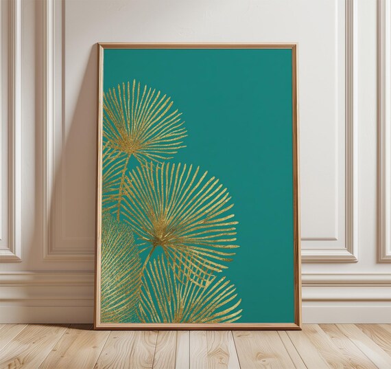 Gold Palm Leaves Teal Background Modern Botanical Tropical Poster